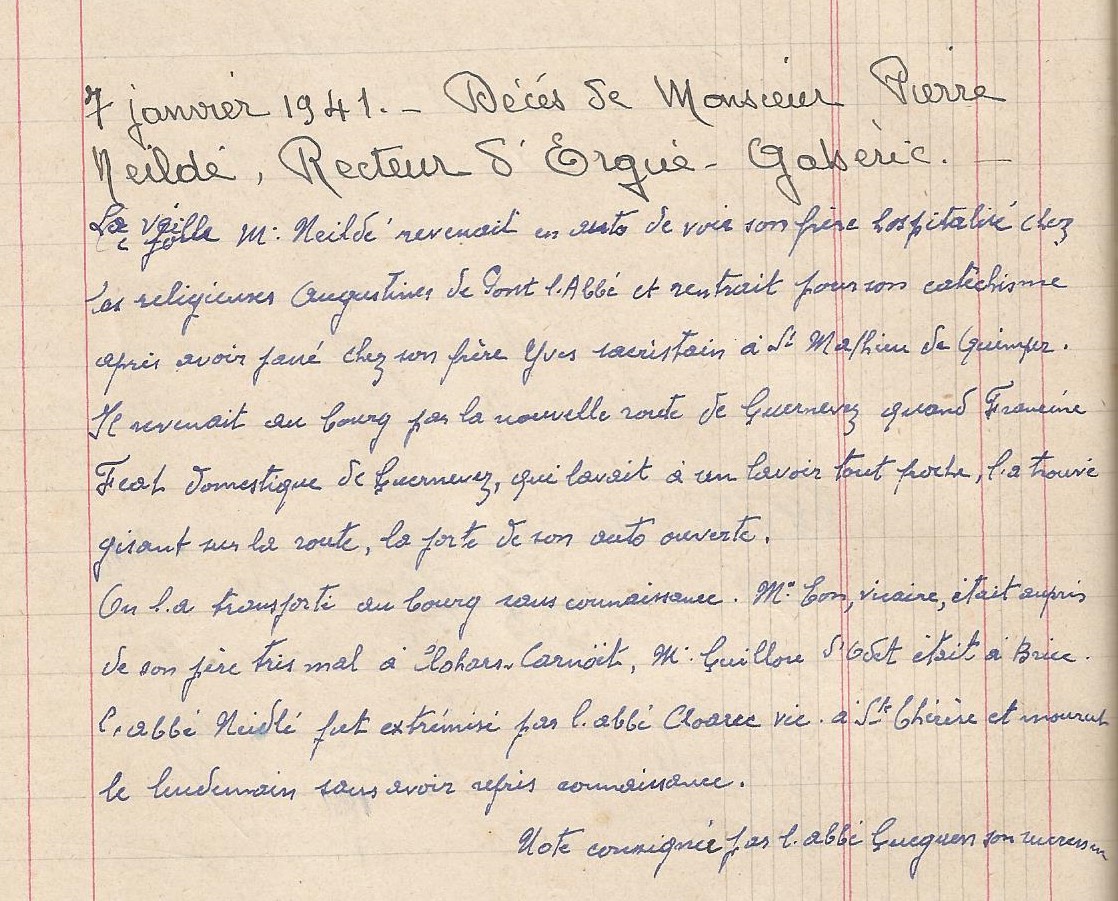 Cahier de délibérations du conseil de la fabrique EG_Décès Pierre Neildé_1941
