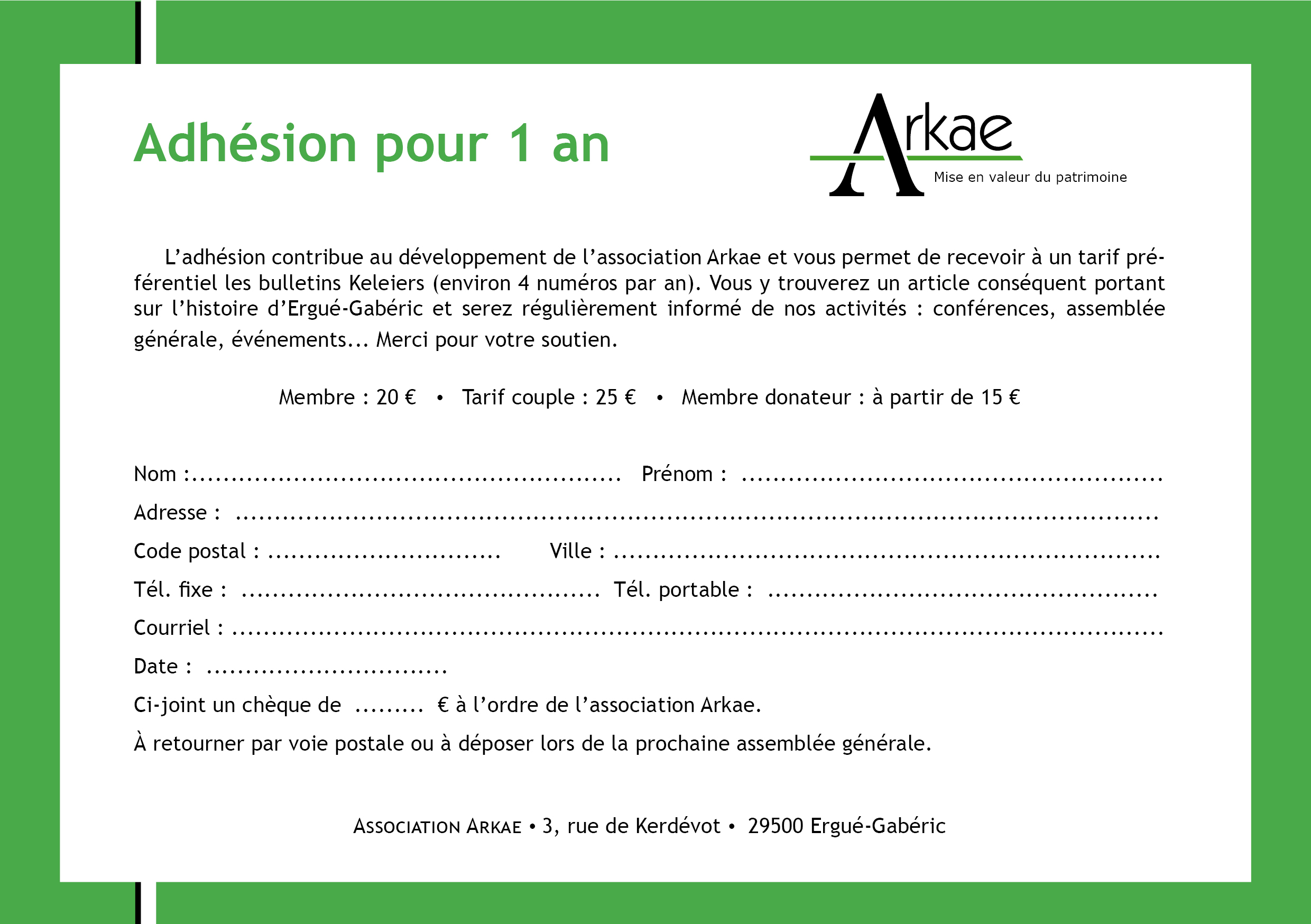 Bulletin dadhésion Arkae pour 1 an